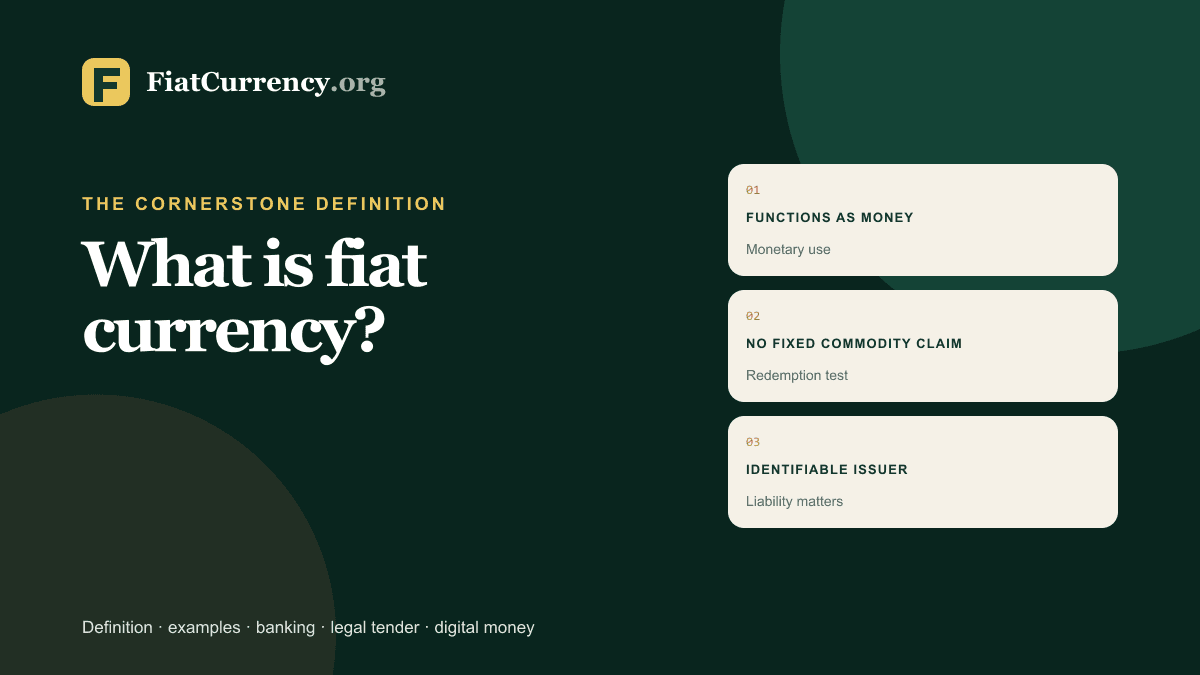 A three-step diagram: functions as money, no fixed commodity-redemption right, and an identifiable monetary issuer and system