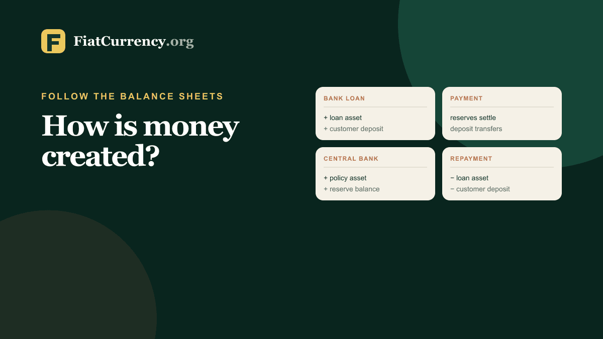 Flow diagram separating commercial-bank deposits, central-bank reserves, Treasury payments, physical cash, and loan repayment
